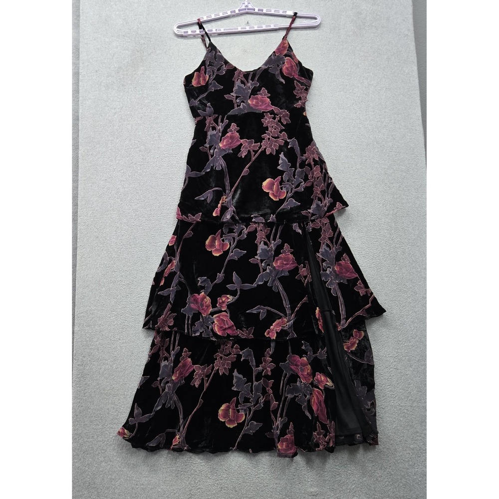 Lulus Women Dress XL Black I Love You Amore Floral Velvet Tiered Maxi Romantic